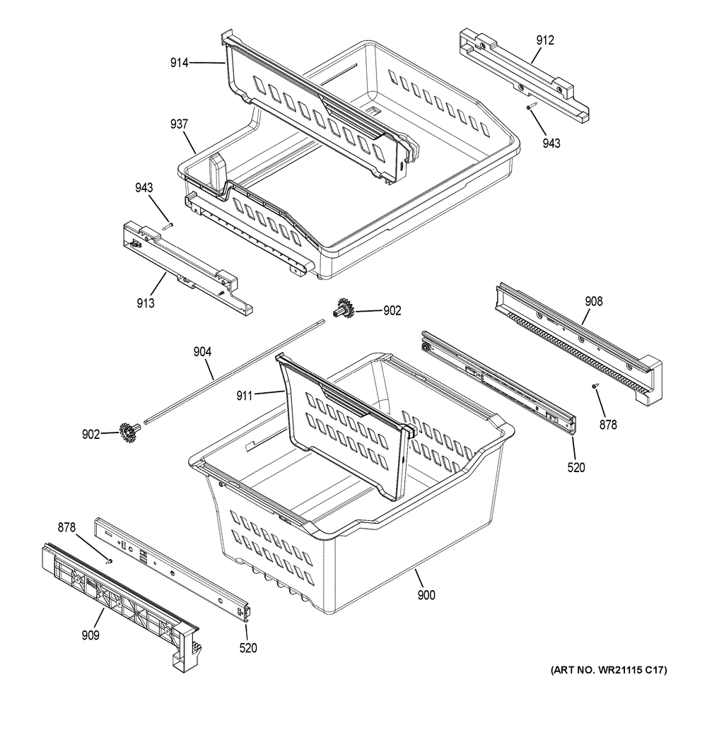 Freezer Shelves Diagram and Parts List for GFE26JGMYFWW  General Electric Refrigerator