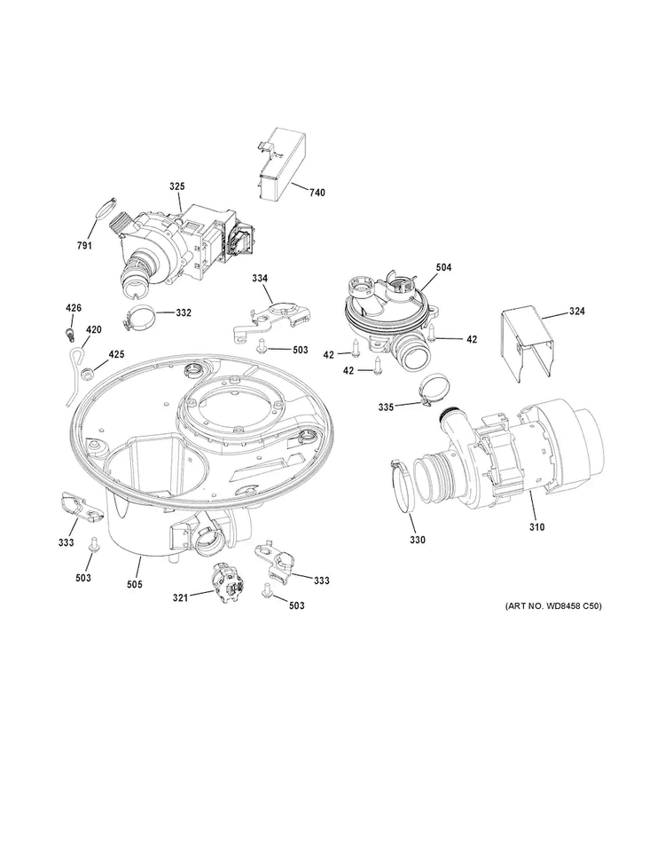 Sump & Motor Mechanism Diagram and Parts List for GDF570SGF7CC  General Electric Dishwasher