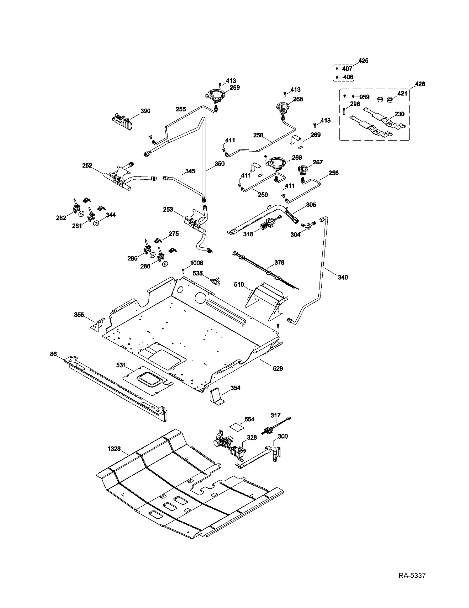 GAS & BURNER Diagram and Parts List for JGSP28SER2SS  General Electric Range