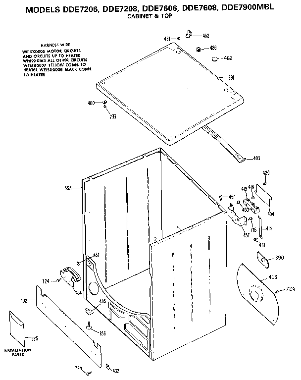 Cabinet & Top Diagram and Parts List for DDE7608  General Electric Dryer