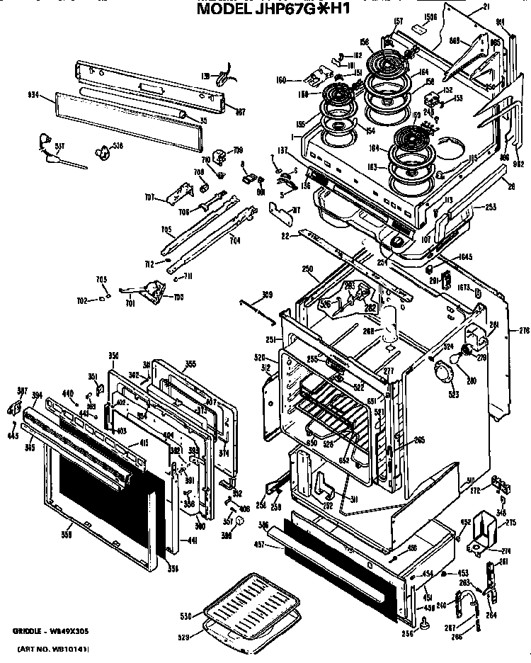 Body Diagram and Parts List for JHP67G*H1  General Electric Range