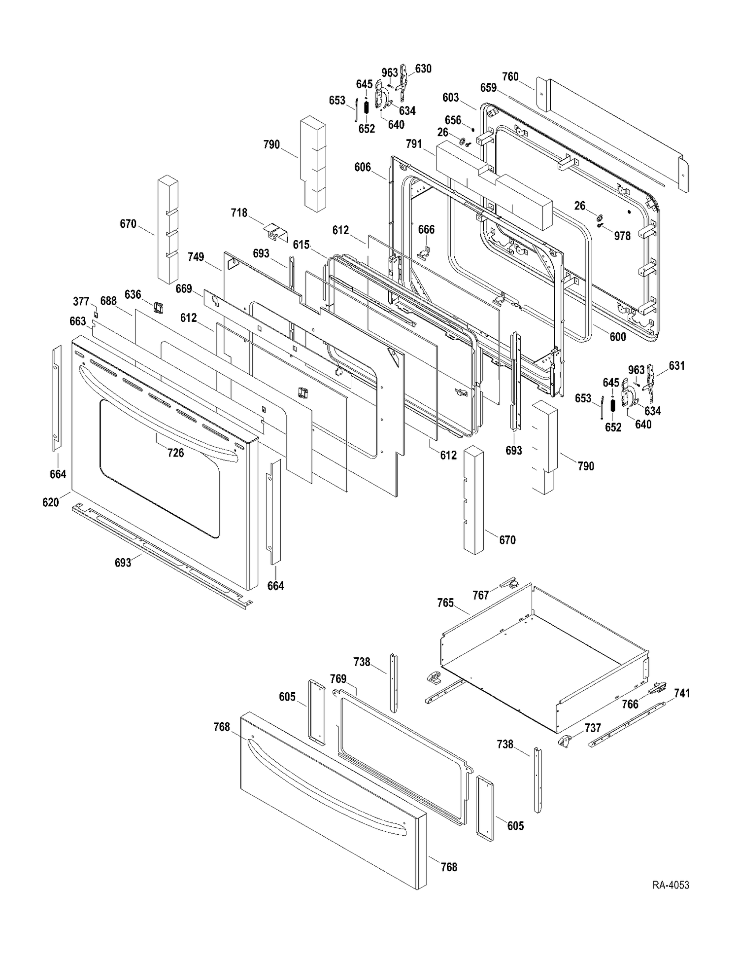 DOOR-DRAWER Diagram and Parts List for JCBP77SP2SS  General Electric Range