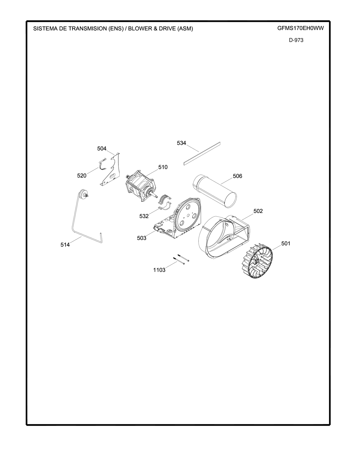 BLOWER & DRIVE ASM Diagram and Parts List for GFMS170EH0WW  General Electric Dryer