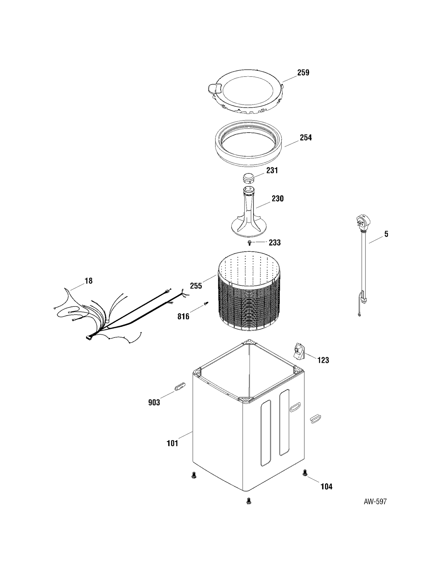 CABINET & TUB Diagram and Parts List for GJXR1065F00WW  General Electric Washer