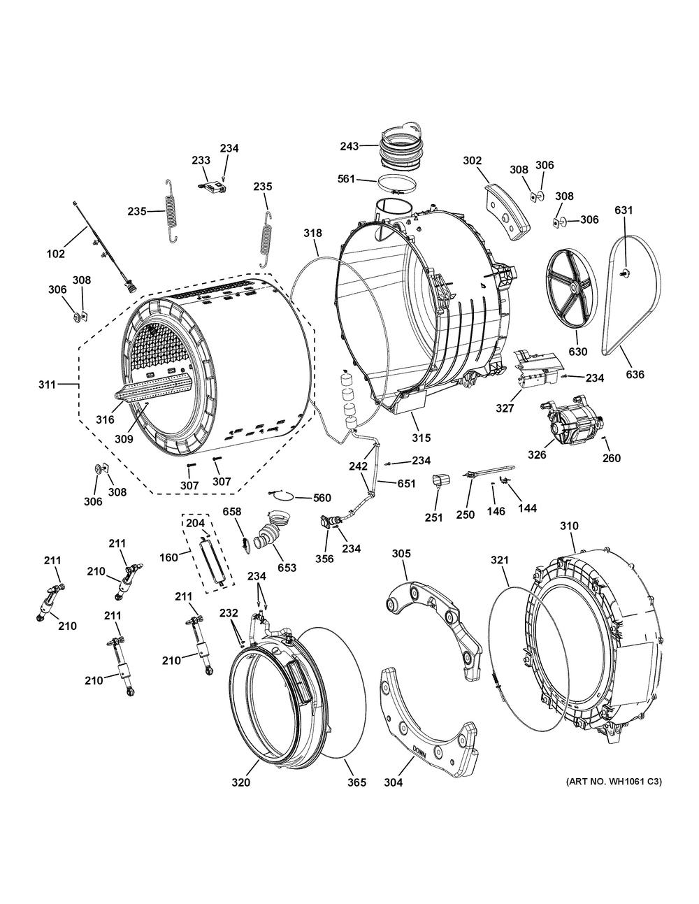 Tub And Motor Diagram and Parts List for PFQ83HSLW0WW  General Electric Air Conditioner