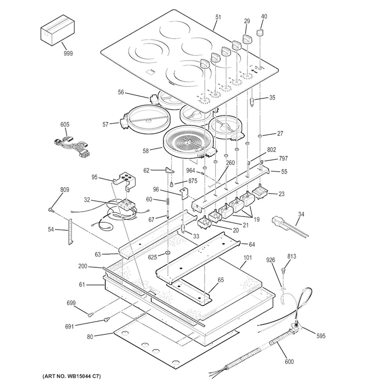 Control Panel & Cooktop Diagram and Parts List for PP944TT2WW  General Electric Cooktop