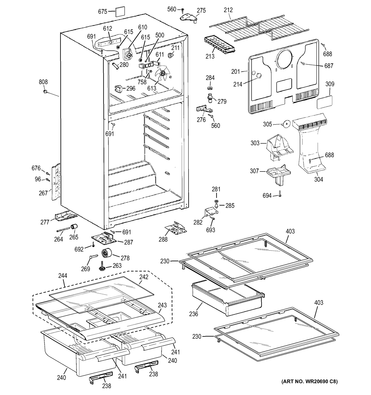 CABINET Diagram and Parts List for GTK17JBDDRBS  General Electric Refrigerator
