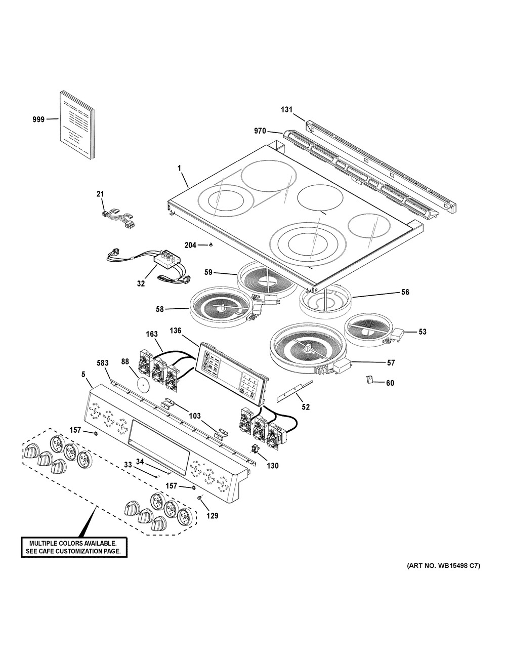 Control Panel & Cooktop Diagram and Parts List for CES750P3M1D1  General Electric Range