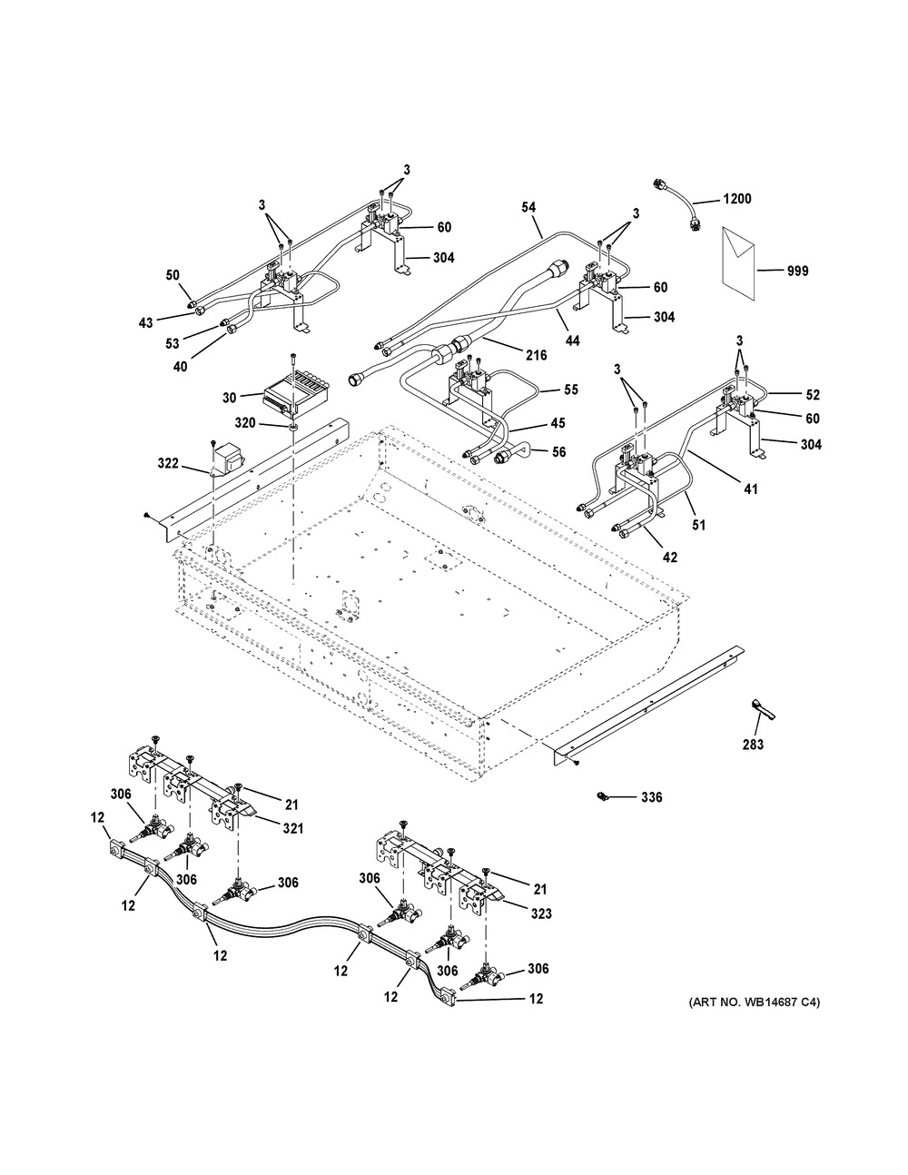 Gas & Burner Parts Diagram and Parts List for C2Y366P4M1W2  General Electric Range