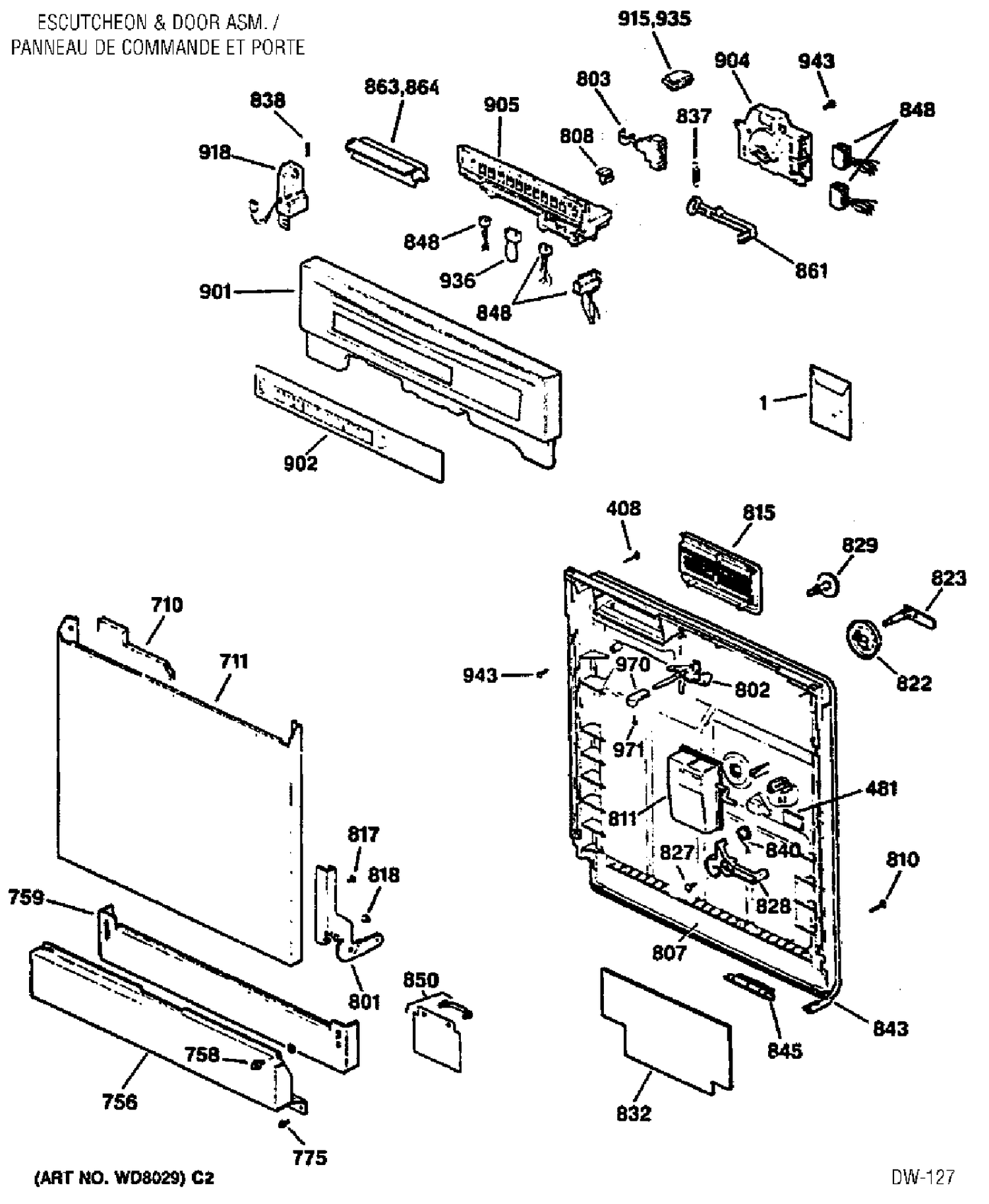 DOOR & ESCUTCHEON PARTS Diagram and Parts List for GSD4610X00WW  General Electric Dishwasher