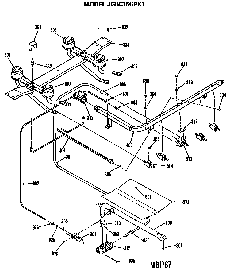 Burner Assembly Diagram and Parts List for JGBC15GPK1  General Electric Range