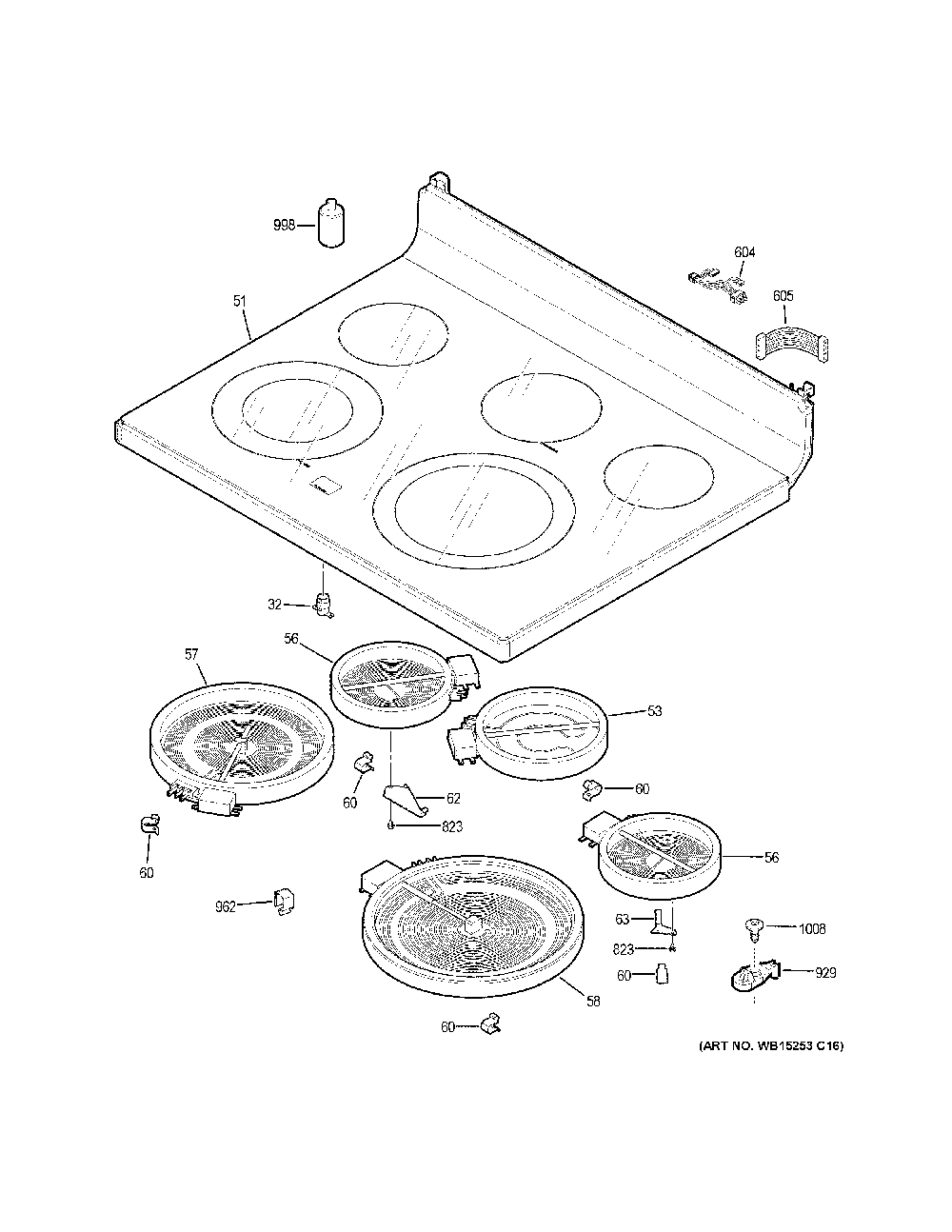 Cooktop Diagram and Parts List for PB911FJ8DS  General Electric Range