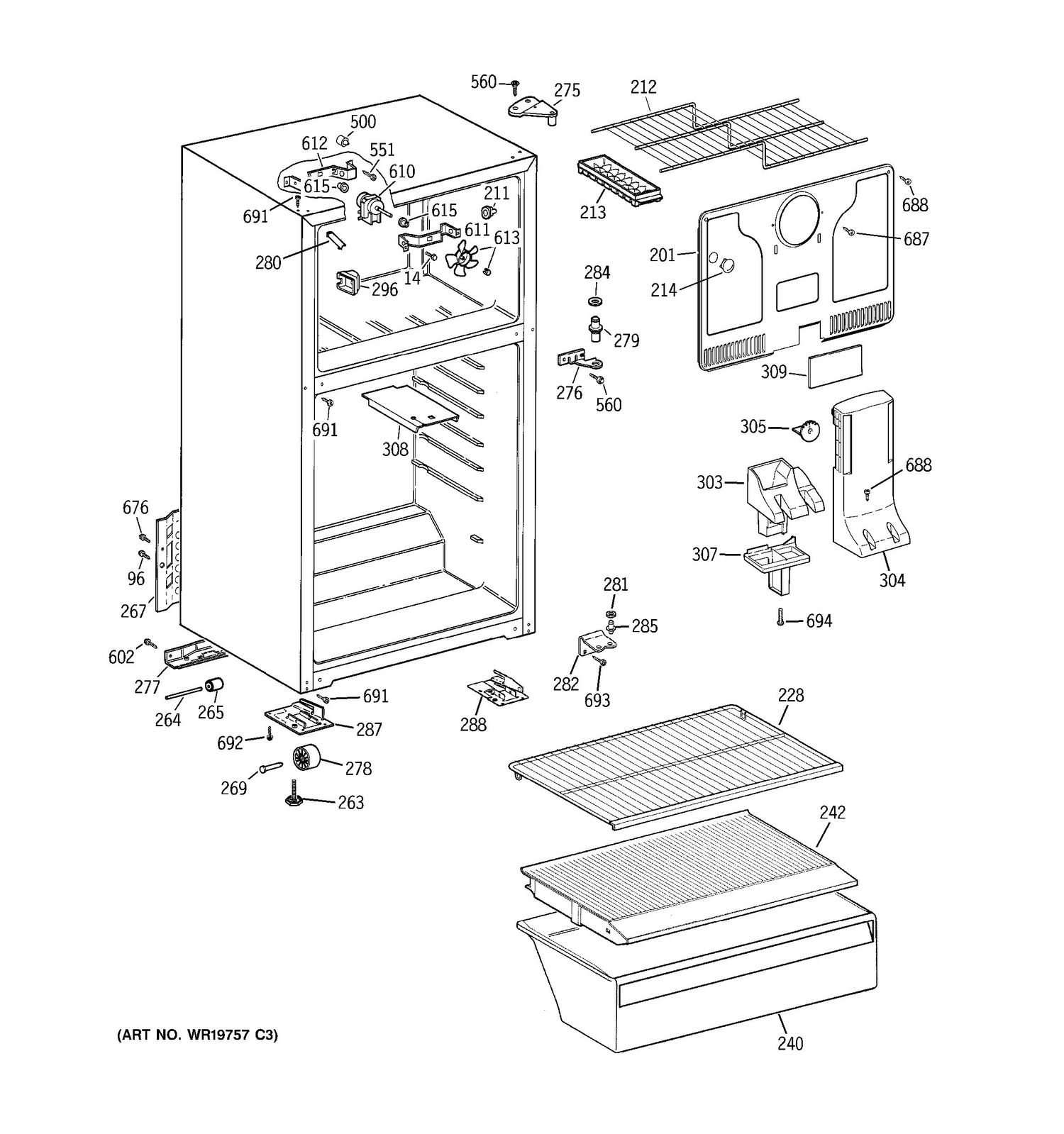 CABINET Diagram and Parts List for STS16ABSBRWW  General Electric Refrigerator