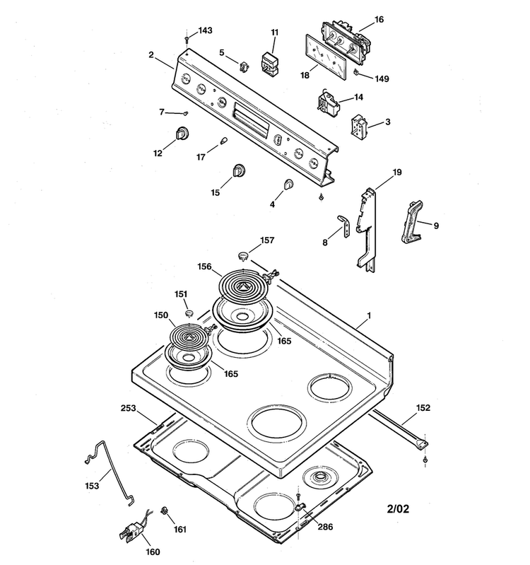 Control Panel & Cooktop Diagram and Parts List for JBP26AR2  General Electric Range