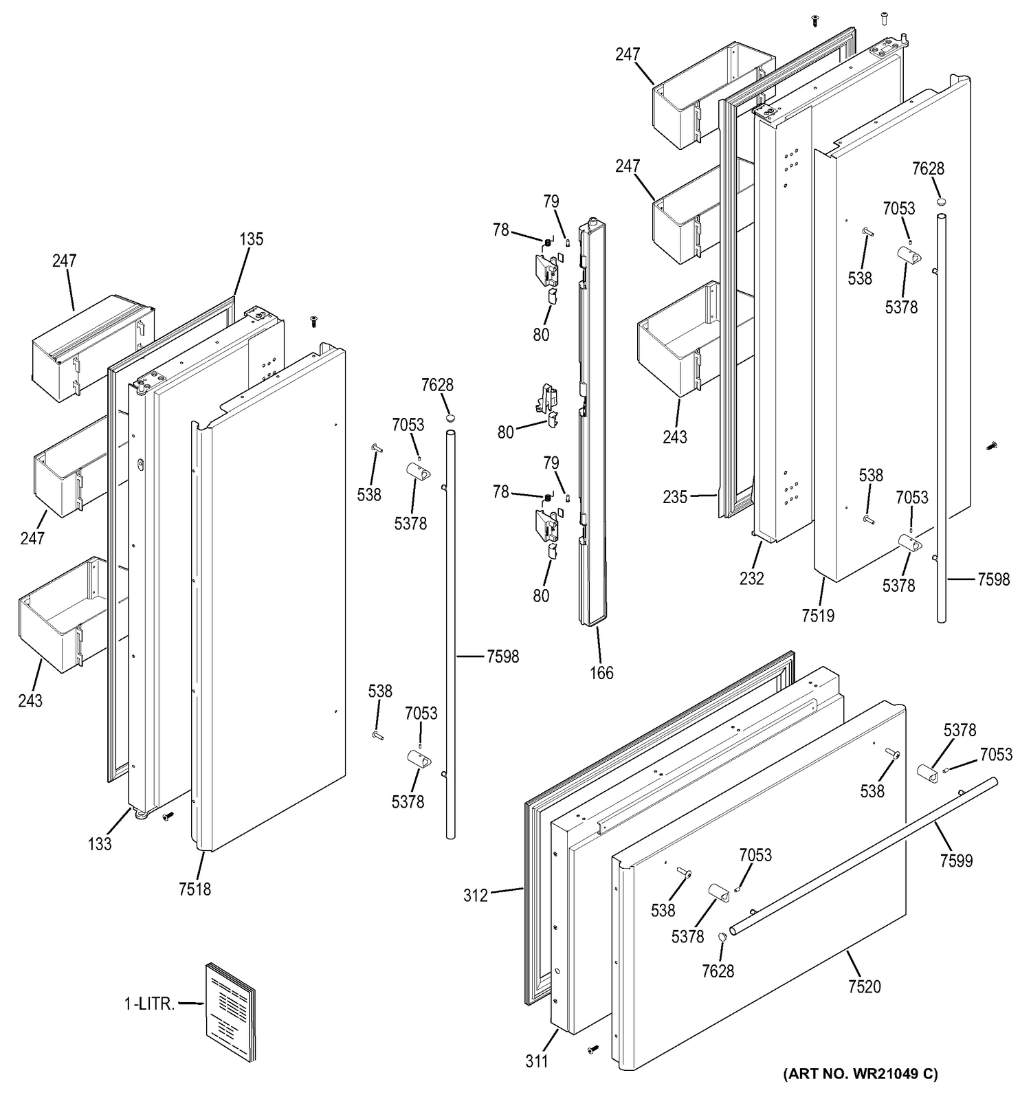 DOORS Diagram and Parts List for ZIPS360NZA  General Electric Refrigerator