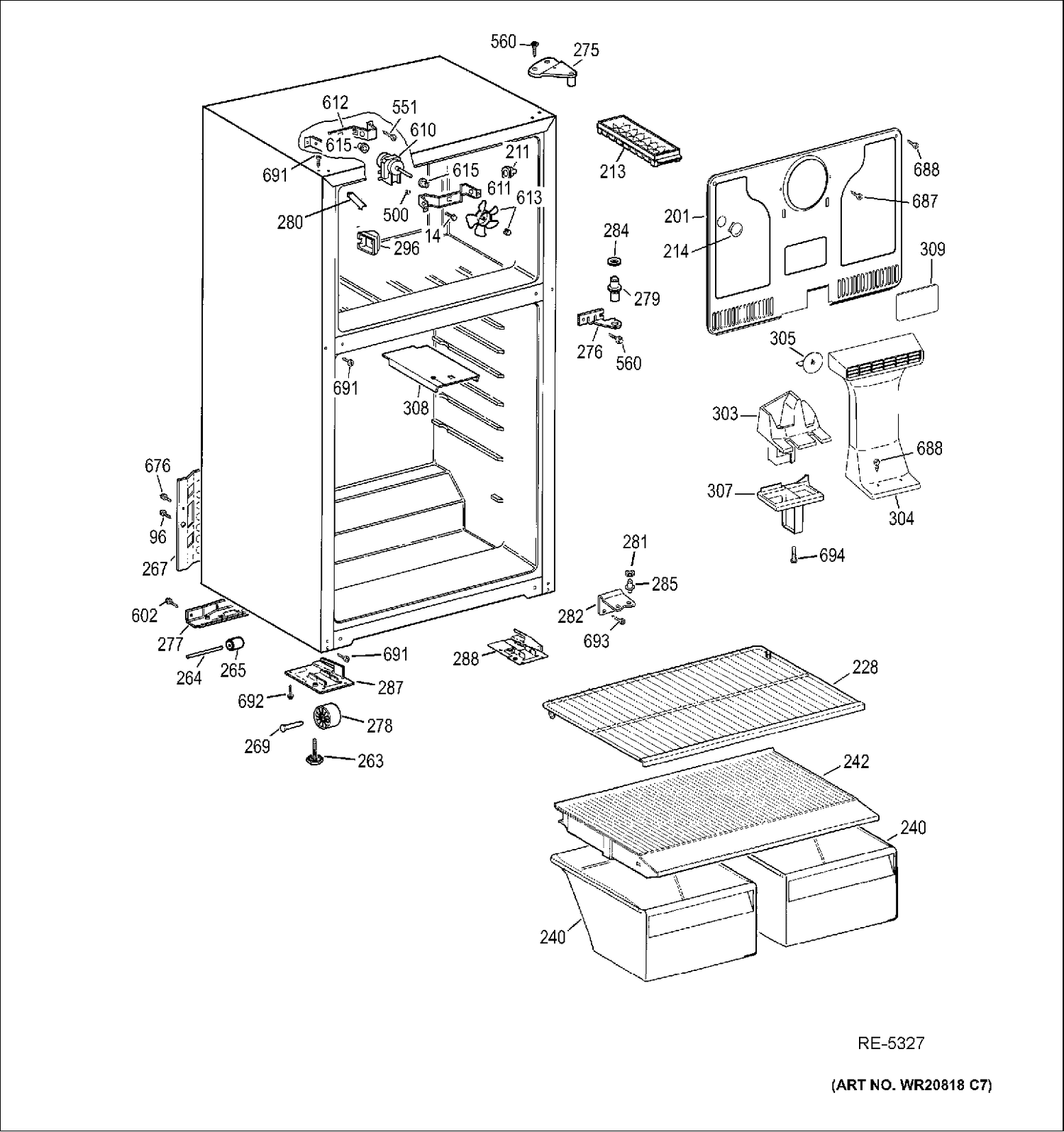 CABINET Diagram and Parts List for MTS18BBDJRWW  General Electric Refrigerator