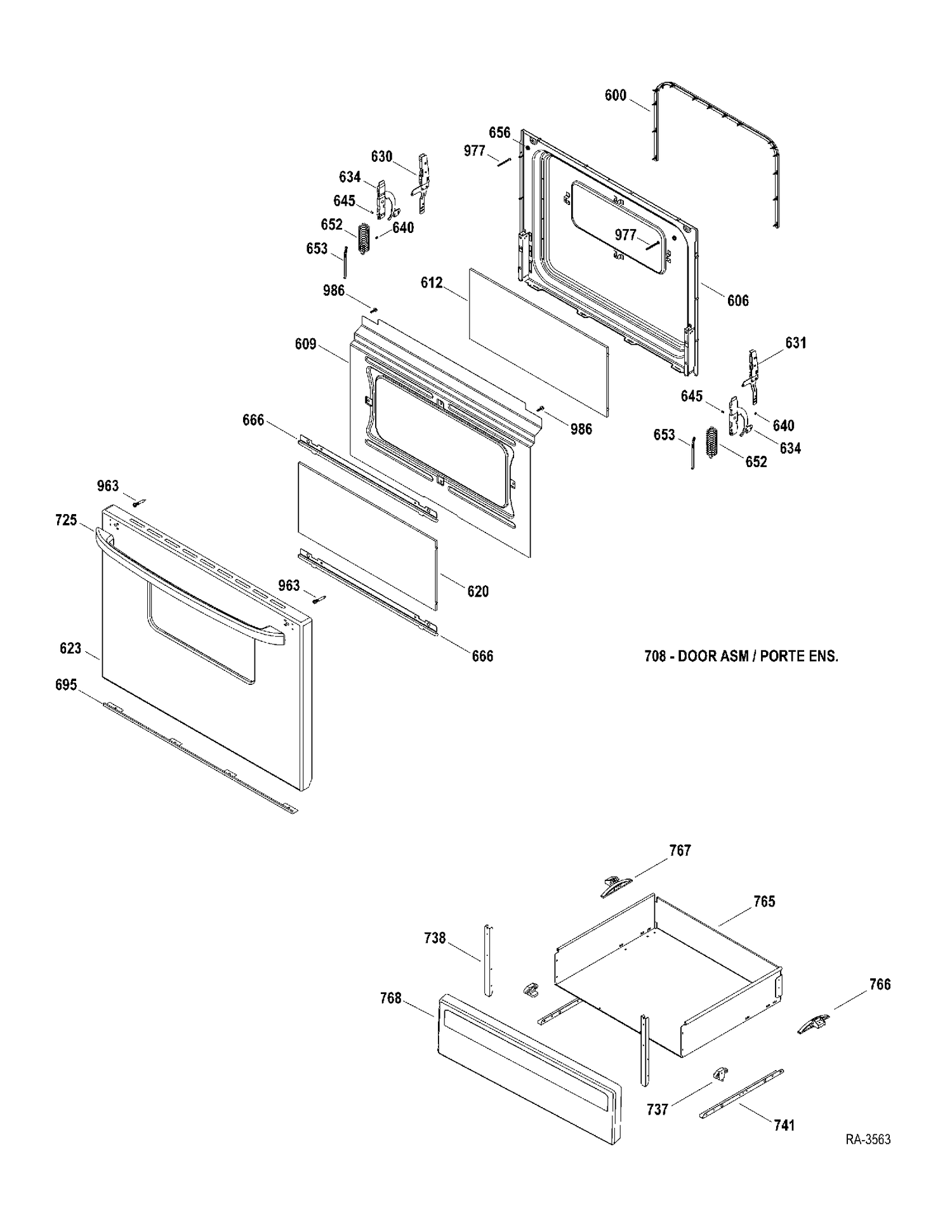DOOR & DRAWER Diagram and Parts List for MCBS523R2WW  General Electric Range
