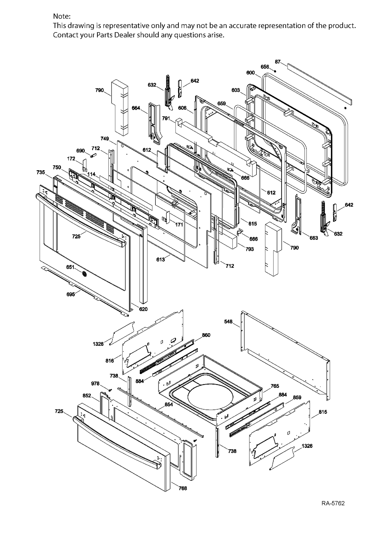 DOOR & DRAWER Diagram and Parts List for JCB860SJ1SS  General Electric Range