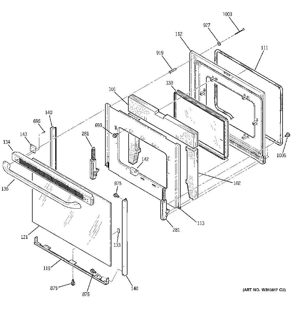 Door Diagram and Parts List for JBP35DKWW  General Electric Range