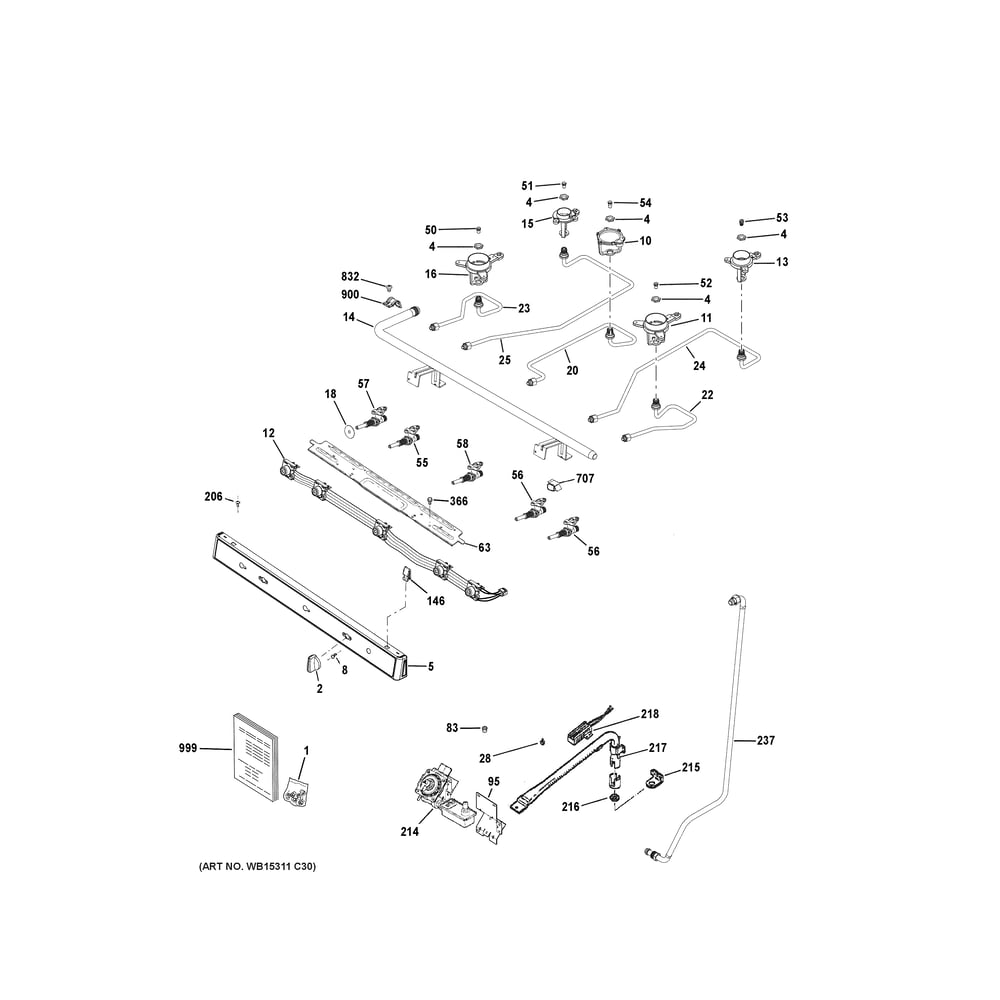 Gas & Burner Parts Diagram and Parts List for JGBS66EEK7ES  General Electric Range
