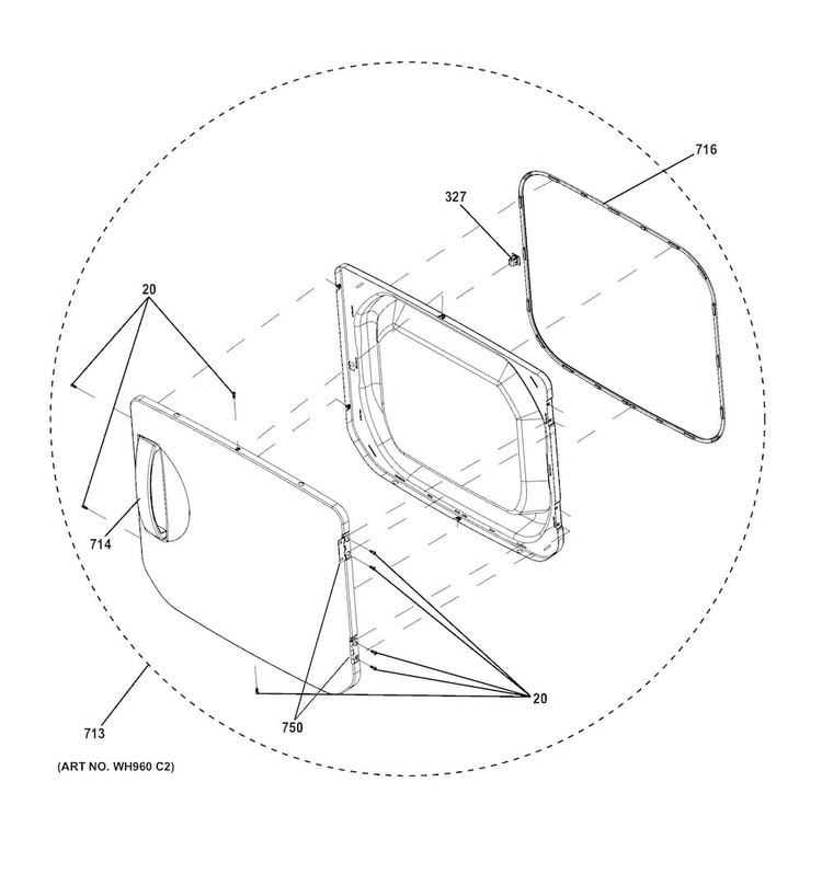Door Assembly Diagram and Parts List for GTUN275EM2WW  General Electric Washer Dryer Combo