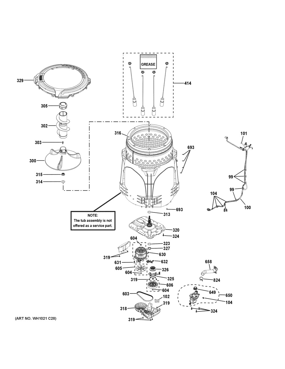 Tub And Motor Diagram and Parts List for YTW4514PN5DG  General Electric Washer