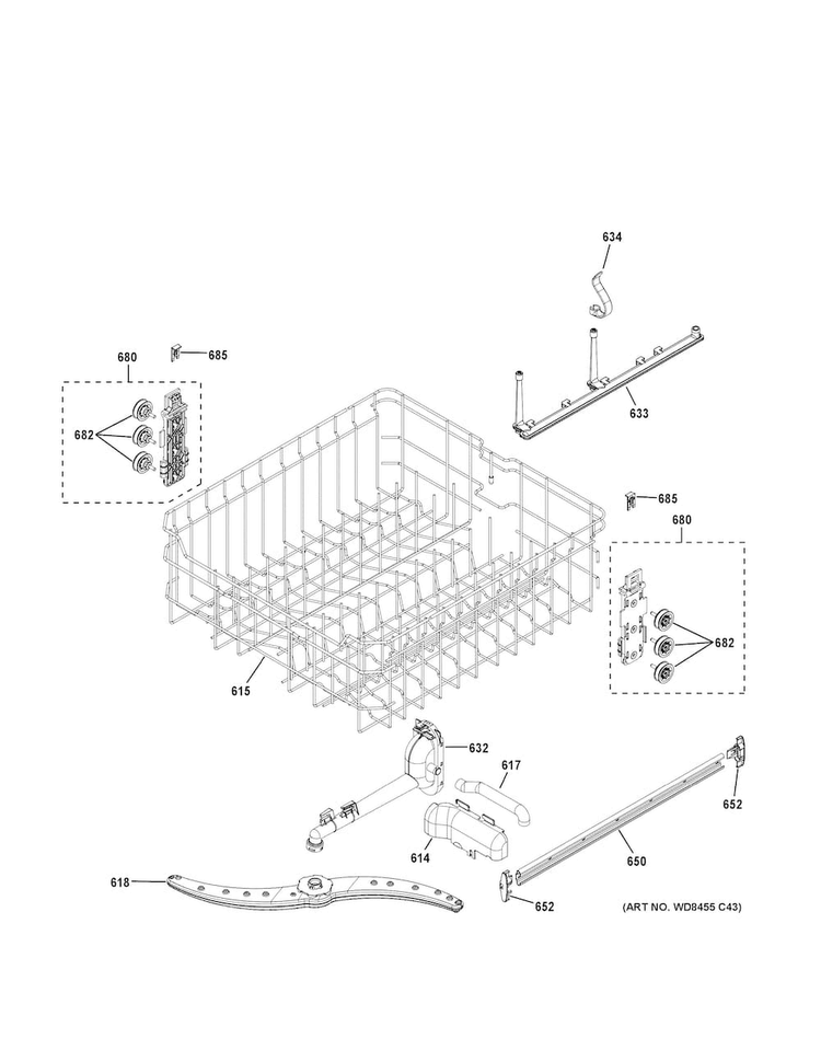 Upper Rack Assembly Diagram and Parts List for GDT625PSJ0SS  General Electric Dishwasher