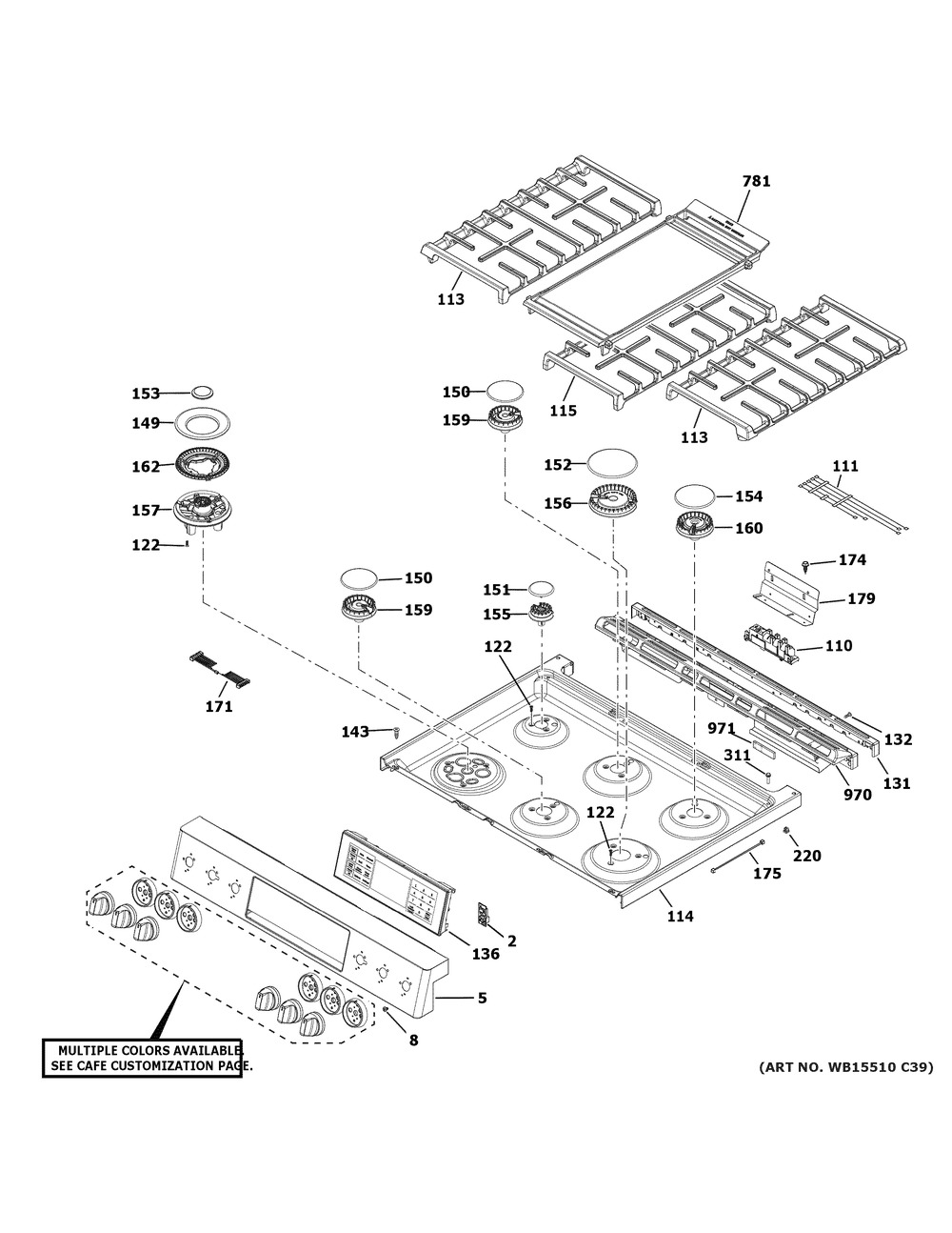 Control Panel & Cooktop Diagram and Parts List for CGS750P2M2S1  General Electric Range