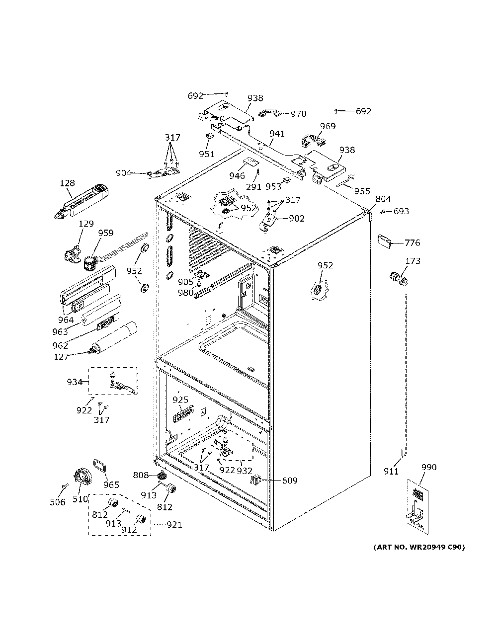 Case parts Diagram and Parts List for CYE22TP3MED1  General Electric Refrigerator