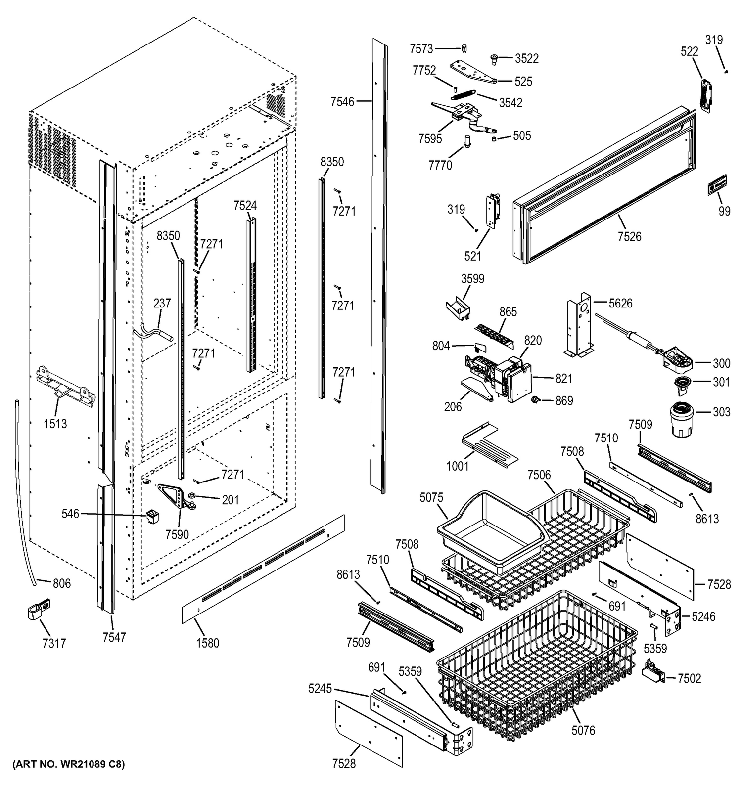 FREEZER SECTION, TRIM & COMPONENTS Diagram and Parts List for ZIC360NXDRH  General Electric Refrigerator