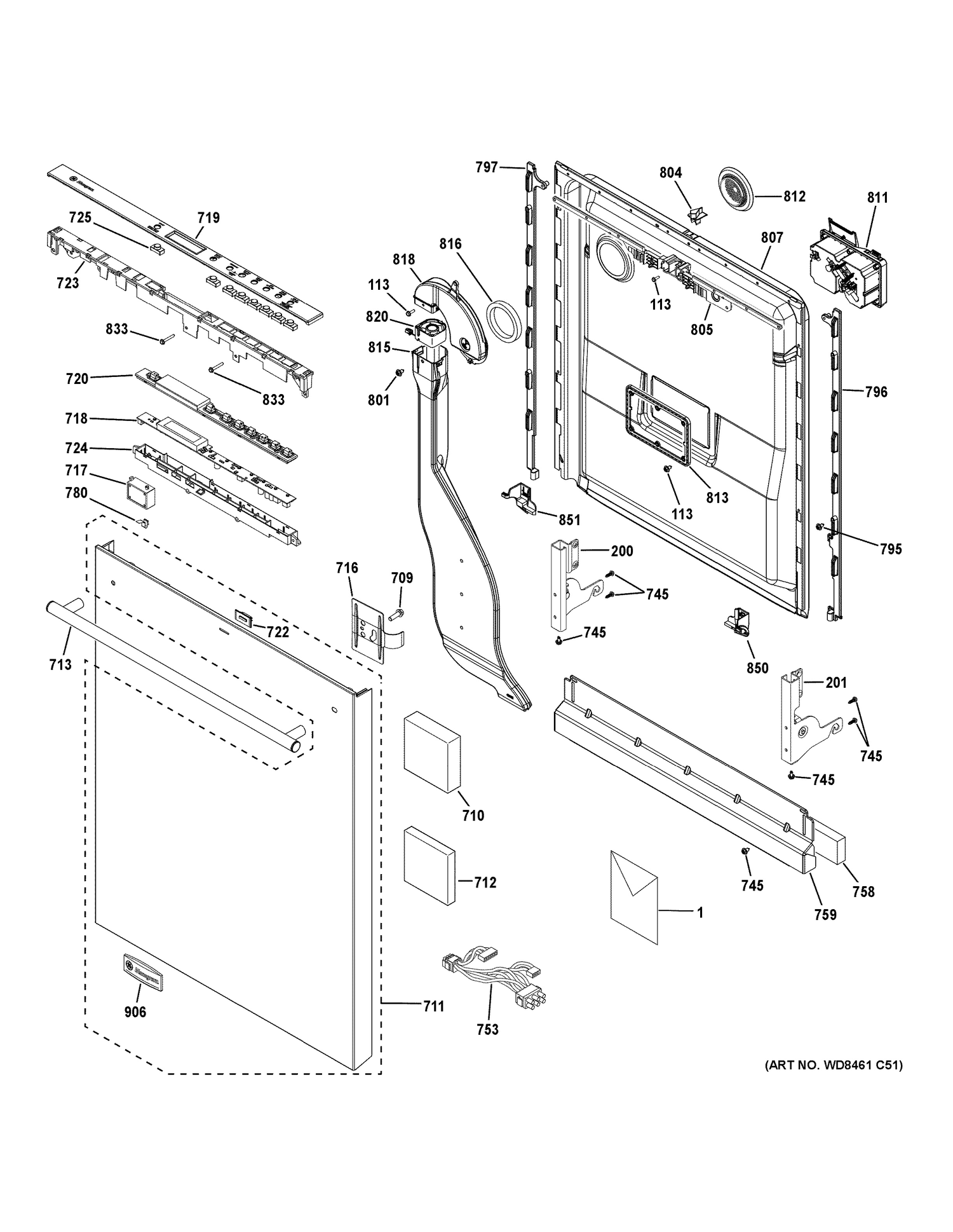 ESCUTCHEON & DOOR ASSEMBLY Diagram and Parts List for ZDT915SSJ2SS  General Electric Dishwasher