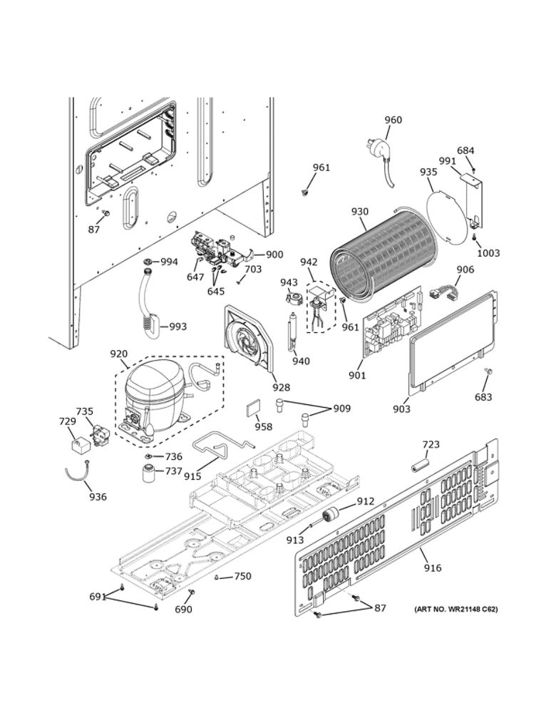 Machine Compartment Diagram and Parts List for ZWE23PSNGSS  General Electric Refrigerator