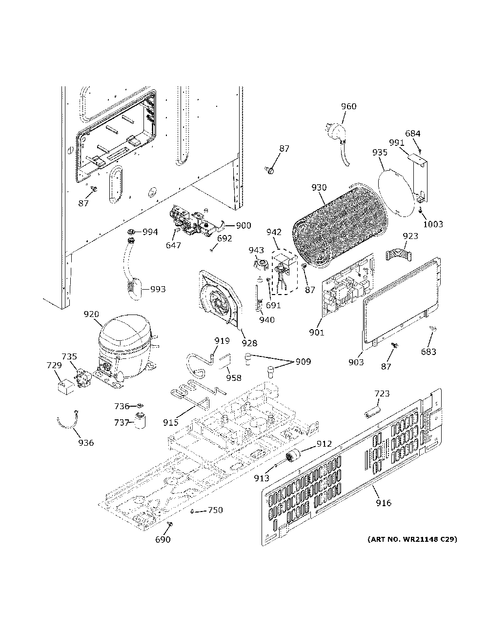 Machine compartment Diagram and Parts List for GWE23GENBDS  General Electric Refrigerator