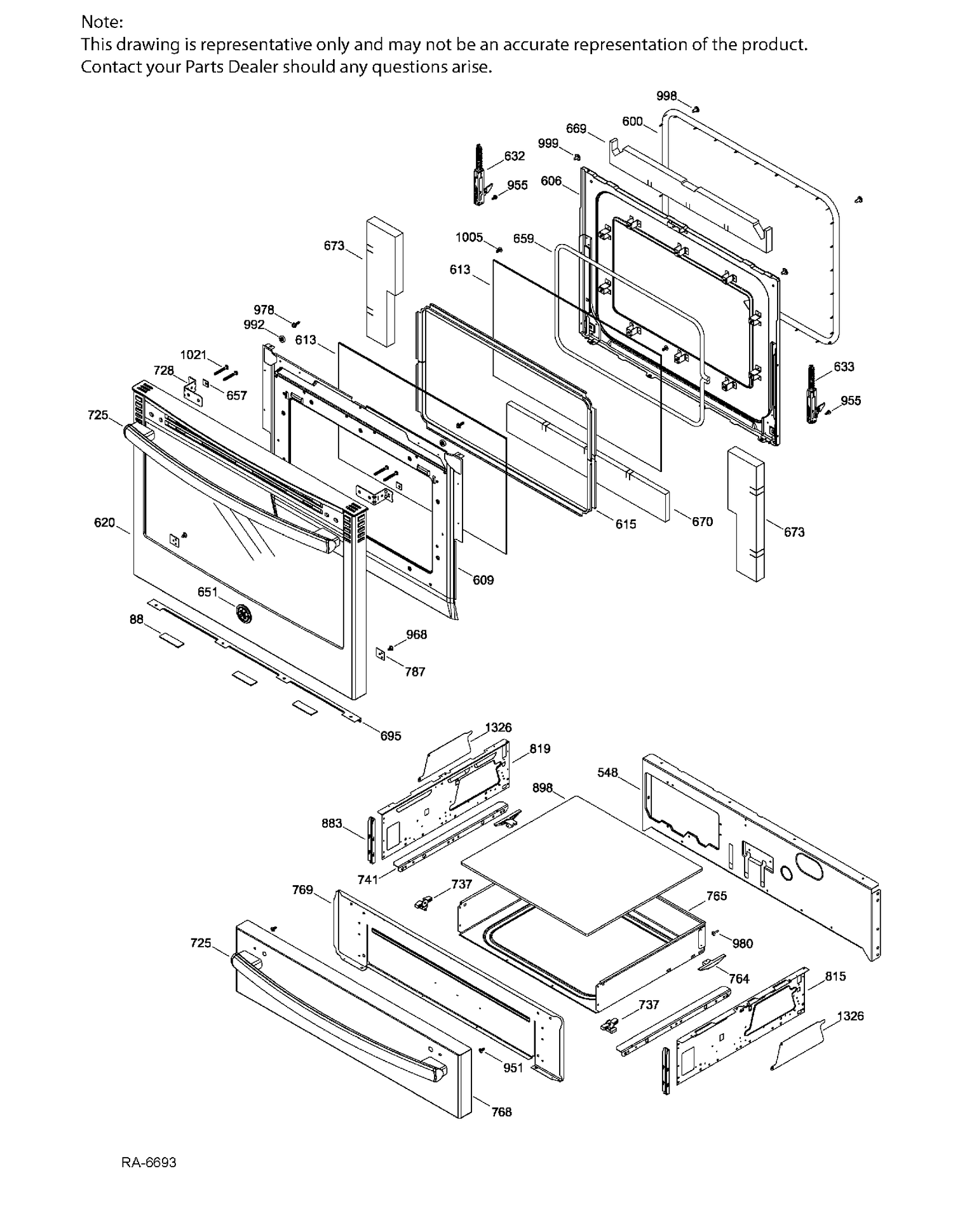 DOOR & DRAWER Diagram and Parts List for JCS860DF3BB  General Electric Range