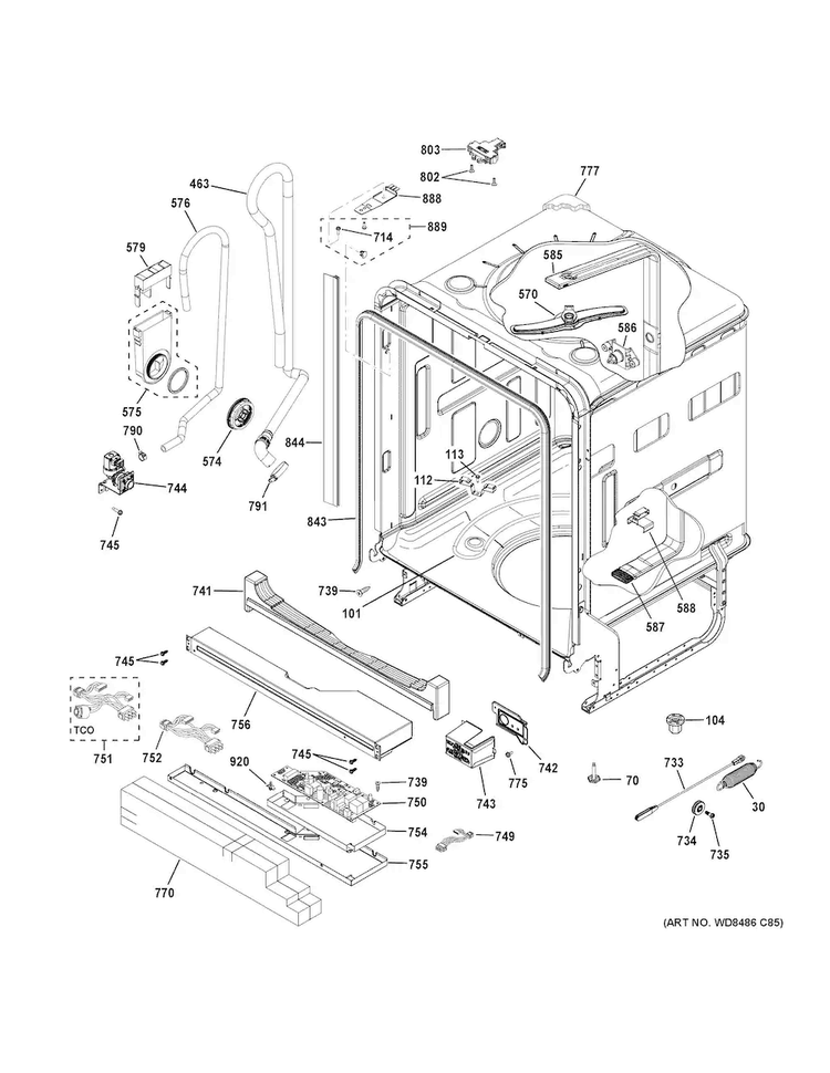 Body Parts Diagram and Parts List for GDF570SGF7CC  General Electric Dishwasher