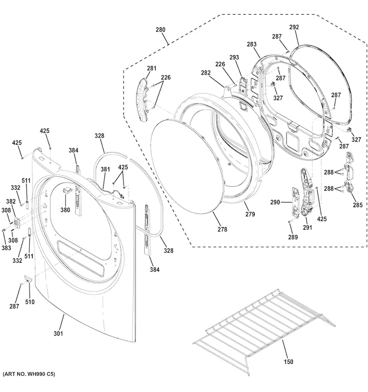 Front Panel & Door Diagram and Parts List for GFDR480GF1WW  General Electric Dryer