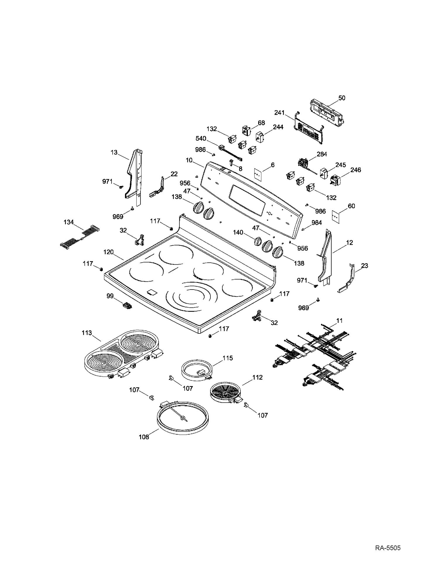 CONTROL PANEL & COOKTOP Diagram and Parts List for PCB969SR2SS  General Electric Range