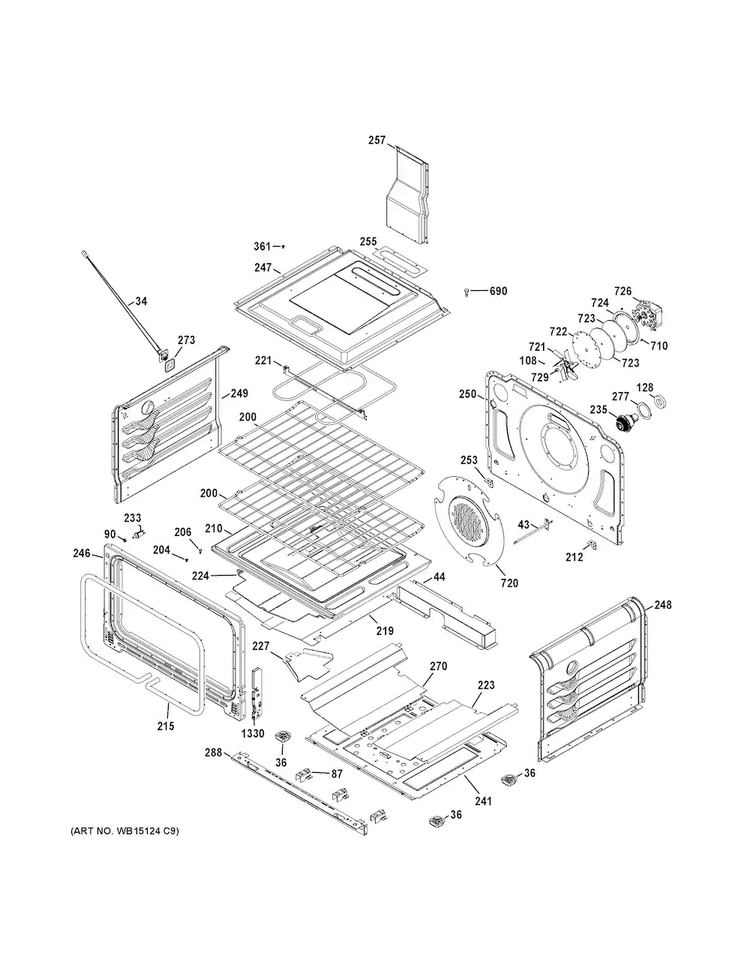 Lower Oven Diagram and Parts List for CGS990SET4SS  General Electric Range