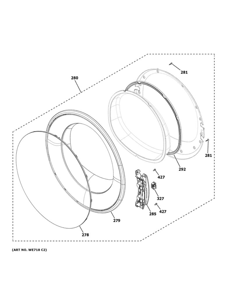 Door Diagram and Parts List for GFD55GSPN0DG  General Electric Dryer