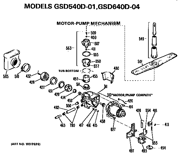 Motor And Pump Diagram and Parts List for GSD540D-01  General Electric Dishwasher