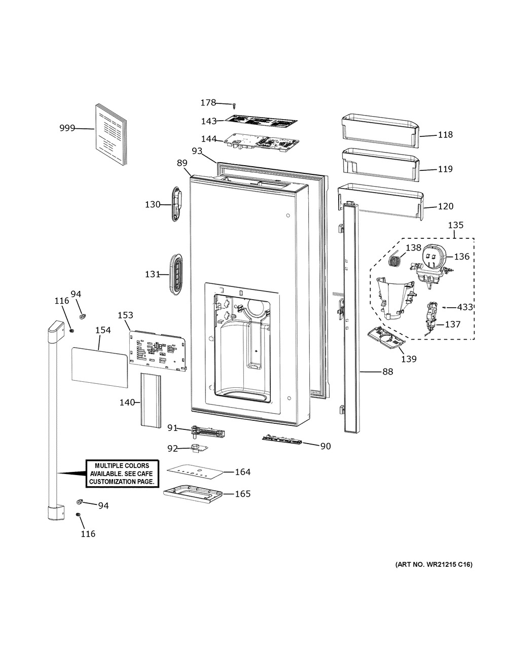 Dispenser Door Diagram and Parts List for CXE22DP4PBW2  General Electric Refrigerator