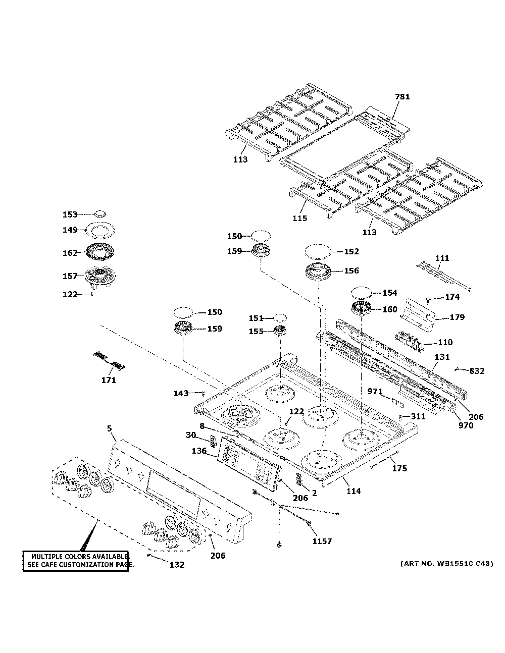 Control Panel And Cooktop Diagram and Parts List for CGS700P2M3S1  General Electric Range
