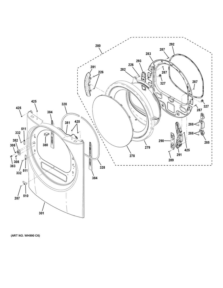 Front Panel & Door Diagram and Parts List for GFD49ERPK0RR  General Electric Dryer