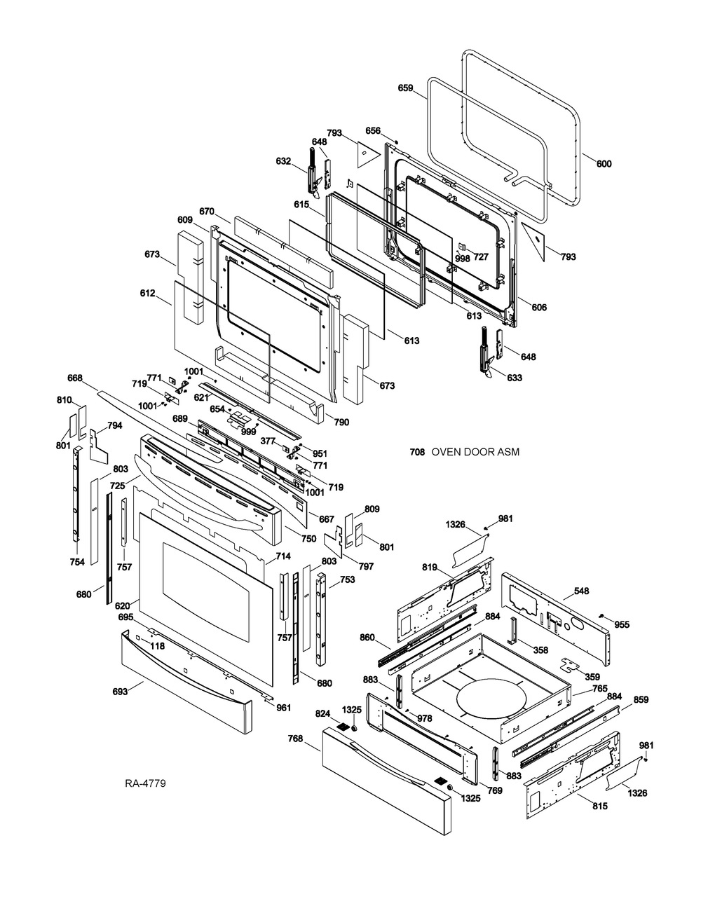 Door And Drawer Parts Diagram and Parts List for PCGB910SET3SS  General Electric Range