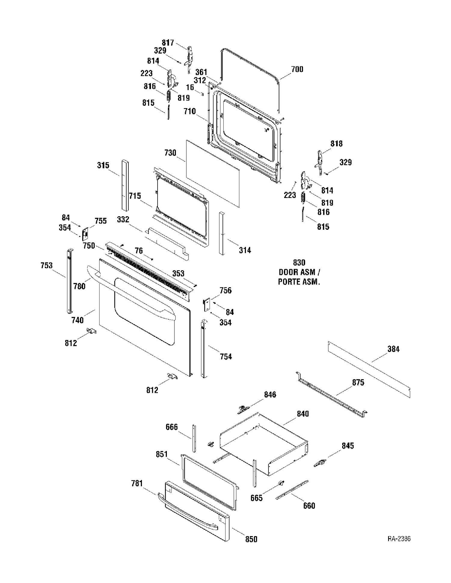 DOOR & DRAWER Diagram and Parts List for RCBS540SJ2SA  General Electric Range