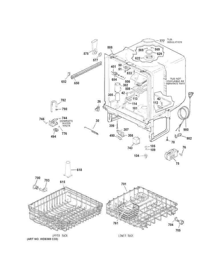 Body Parts Diagram and Parts List for GSD3301K00BB  General Electric Dishwasher