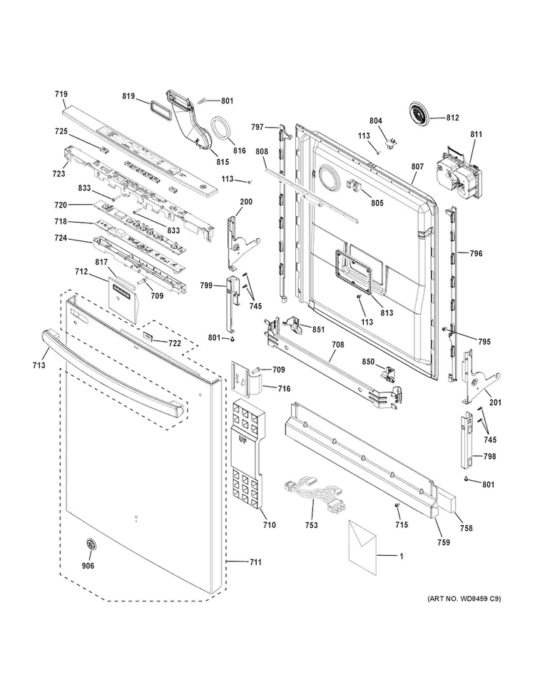 Escutcheon & Door Assembly Diagram and Parts List for GDT550HSD4SS  General Electric Dishwasher