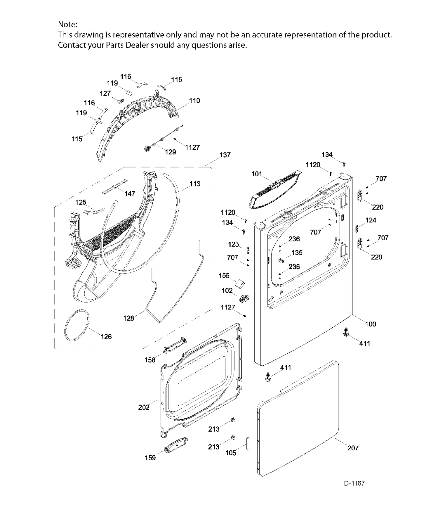 FRONT PANEL AND DOOR ASM Diagram and Parts List for GTD45GAMJ1WS  General Electric Dryer