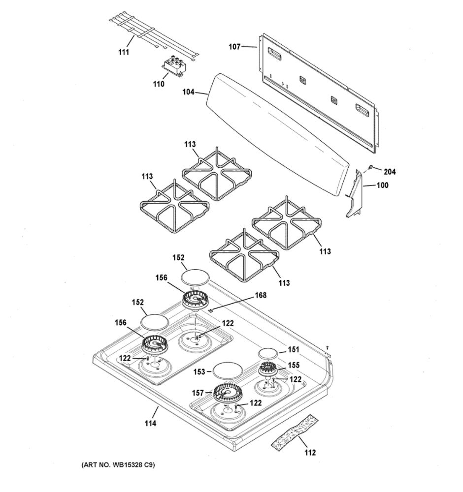 Control Panel And Cooktop Diagram and Parts List for JGBS30DEK5WW  General Electric Range