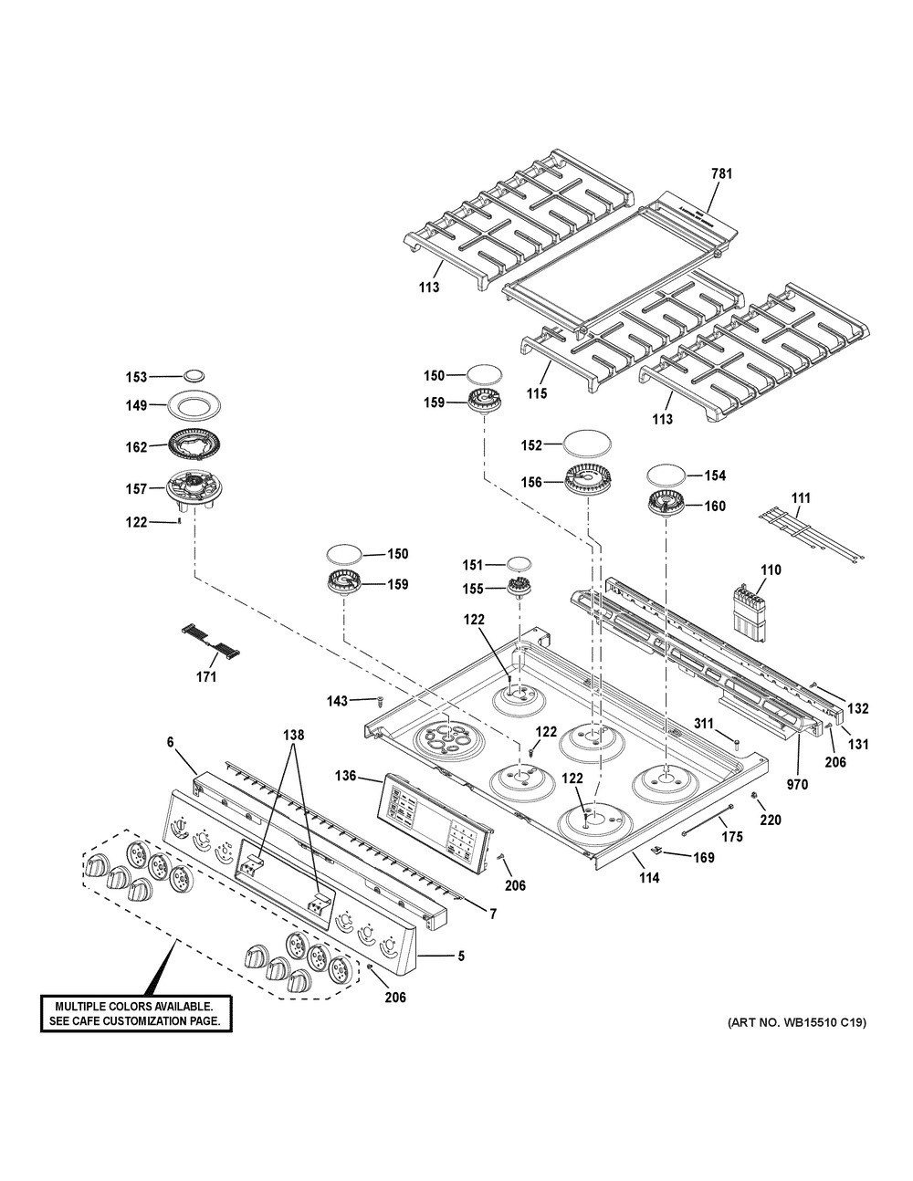 Control Panel & Cooktop Diagram and Parts List for C2S950P4M1W2  General Electric Range